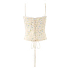 Sunlit Yellow Floral Corset Top With Lace Trim And Delicate Spaghetti Straps
