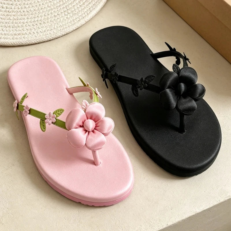 Pink Satin Flower Decorated Flip Flops For Women Comfortable Split Toe Sandals