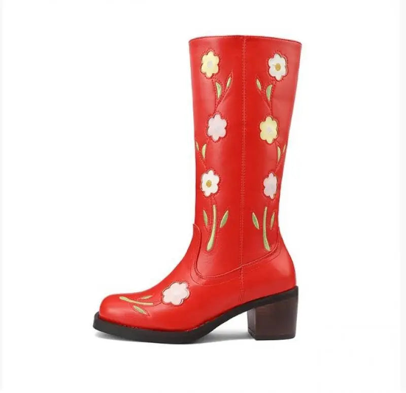 Floral Embroidered Block Heel Boots