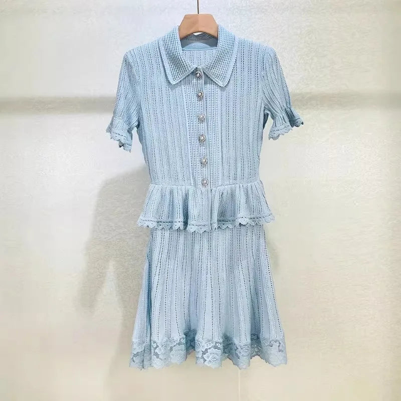 Lace Patchwork Dress With Ruffle Layers And Short Sleeves