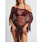 Crochet Beach Cover Up For Women Lightweight Triangle Tassel Hem Sequins Off Shoulder Poncho