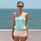 Cross Neck Backless Camisole With Waist Cinch And Pleated Detail