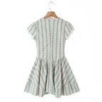 Green French Style Floral Sexy Mini Bohemian Women V-neck Striped Ruffles Dress