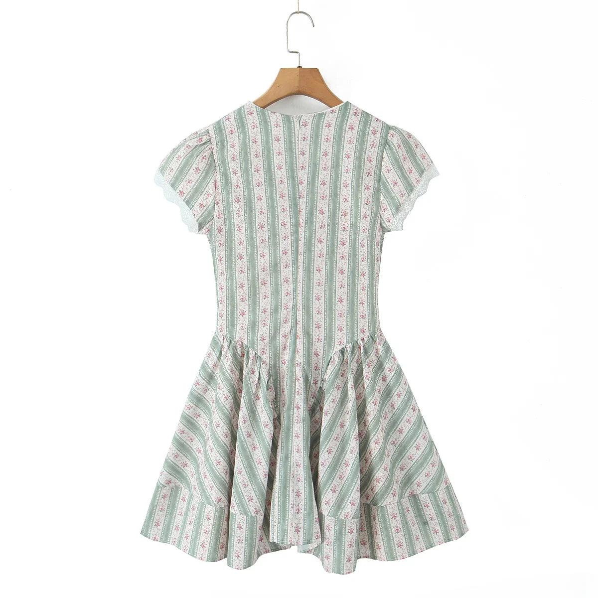 Green French Style Floral Sexy Mini Bohemian Women V-neck Striped Ruffles Dress