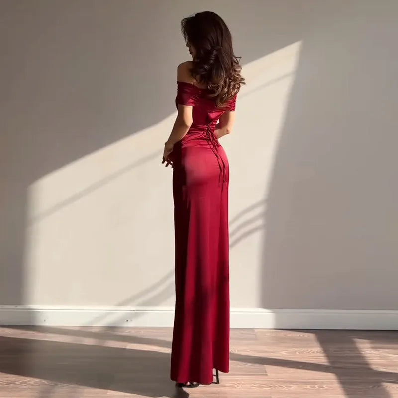 Retro Off Shoulder Satin Dress With Panel Back A Line Silhouette Long