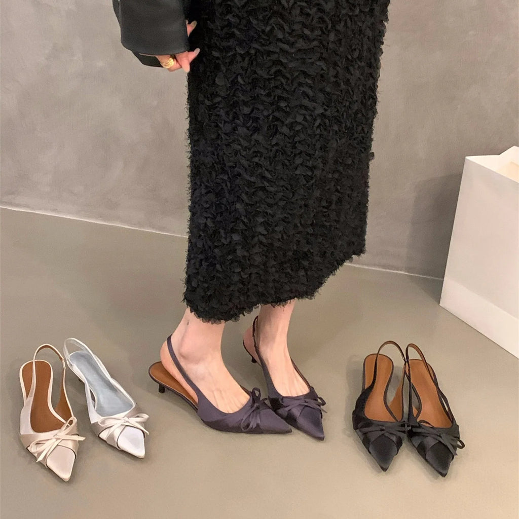 Bowtie Silk Sandals With Pointed Toe And Slim Slingback Heels