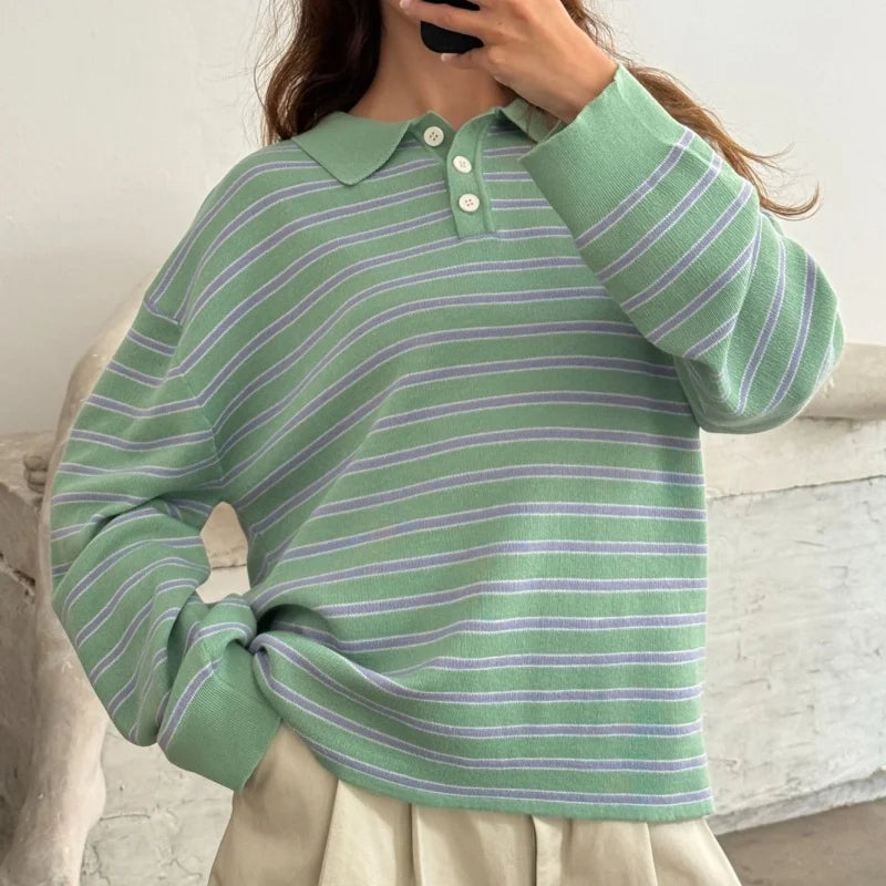 Vintage Rib Knitted Striped Collared Sweater Loose Long Sleeve Pullover Knit Top