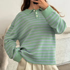 Vintage Rib Knitted Striped Collared Sweater Loose Long Sleeve Pullover Knit Top