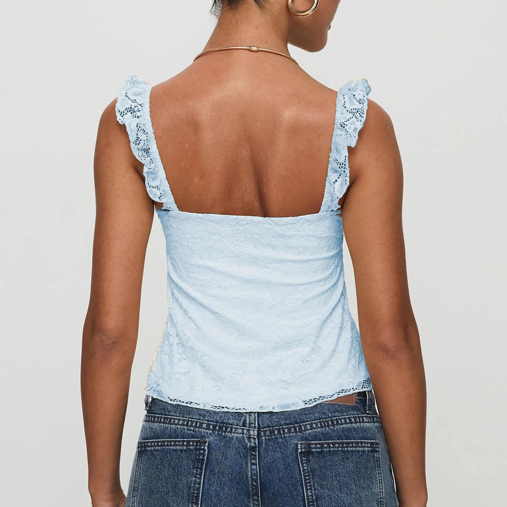 Fashion Women's Lace Floral Patchwork Cami Tops Sleeveless Open Back Low Cut