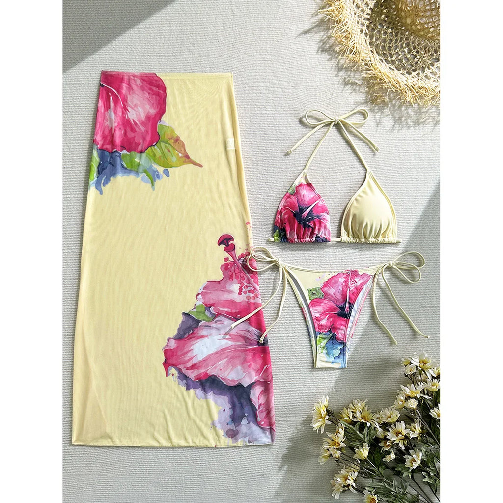 Flowers Printed With Skirt Halter Bikini Three-pieces Bikini set