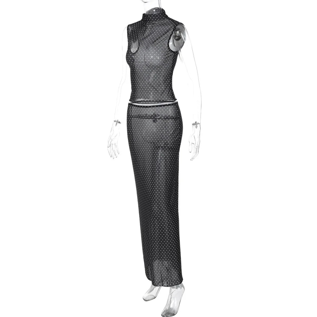 Vintage Polka Dot Dress Set With See Through Top And Long Skirt For Summer Parties