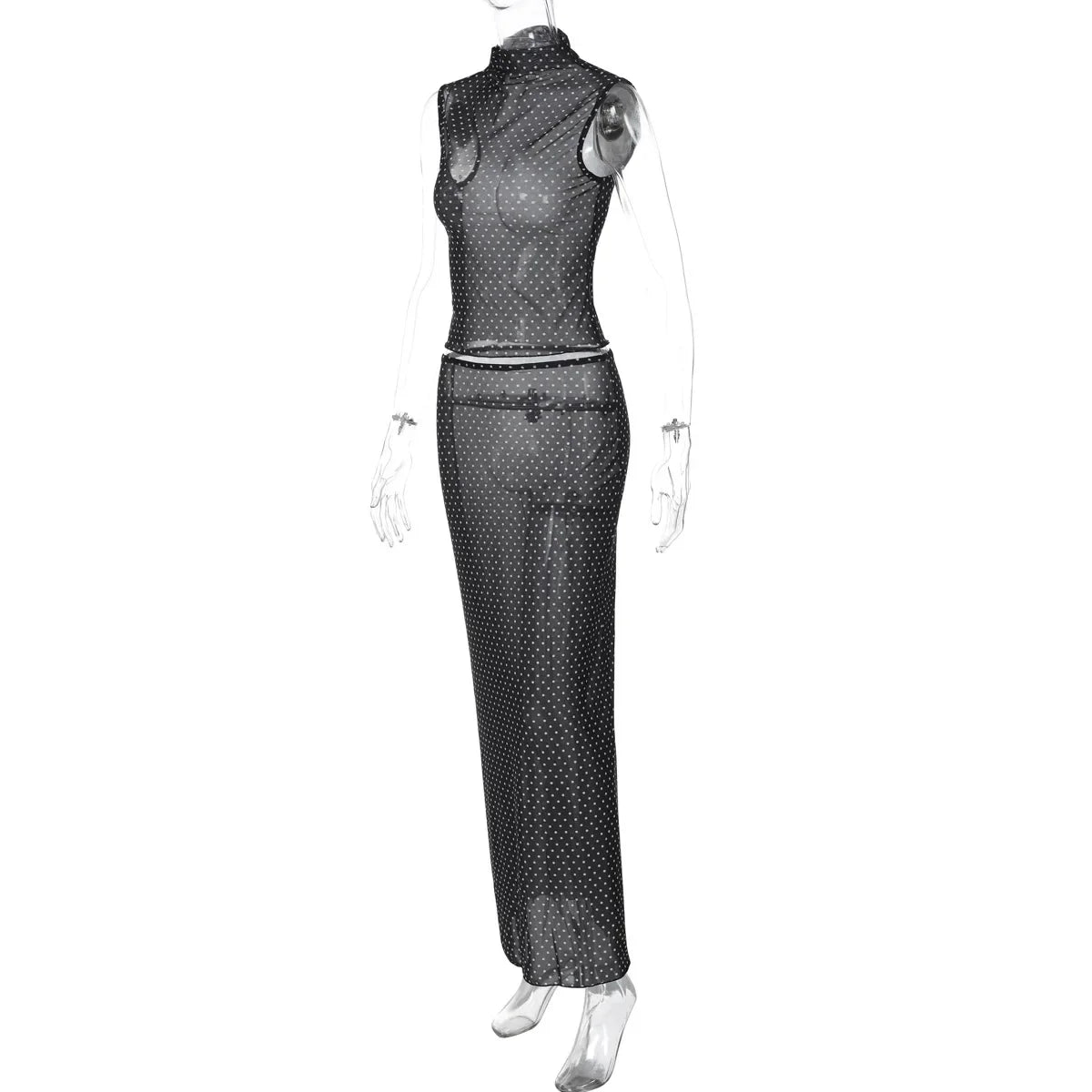 Vintage Polka Dot Dress Set With See Through Top And Long Skirt For Summer Parties