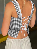 Retro Plaid Tank Top With Lace Trim Sleeveless Cropped Button Down Backless