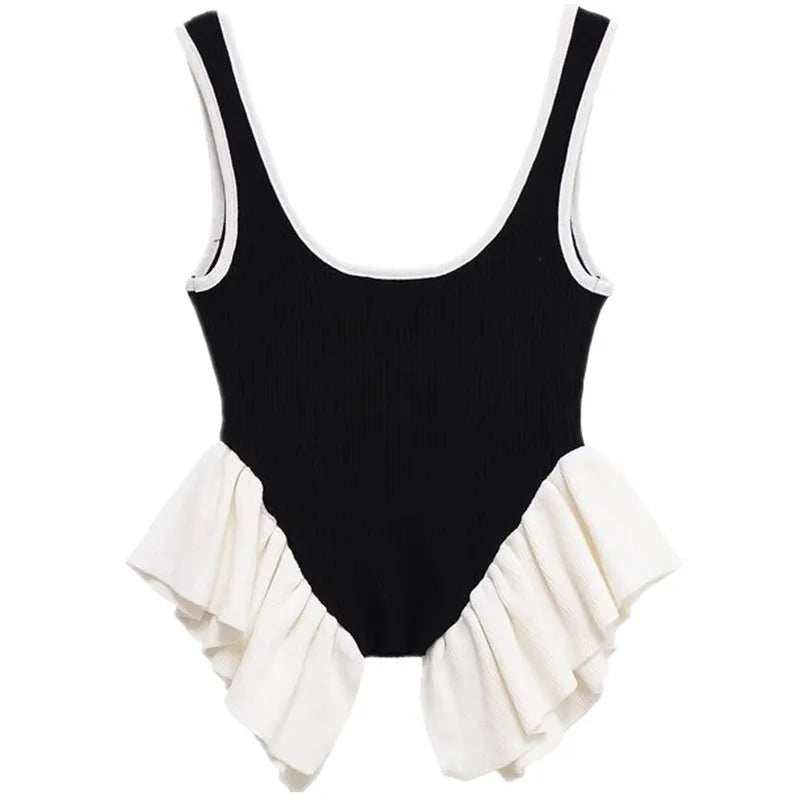 Patchwork Knit Vest Top With Ruffle Trim Summer Round Neck Sleeveless Block Color