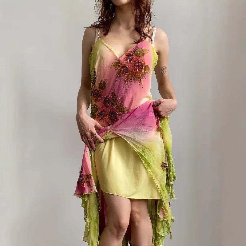 Floral Off Shoulder Sequined Dress With Irregular Hem