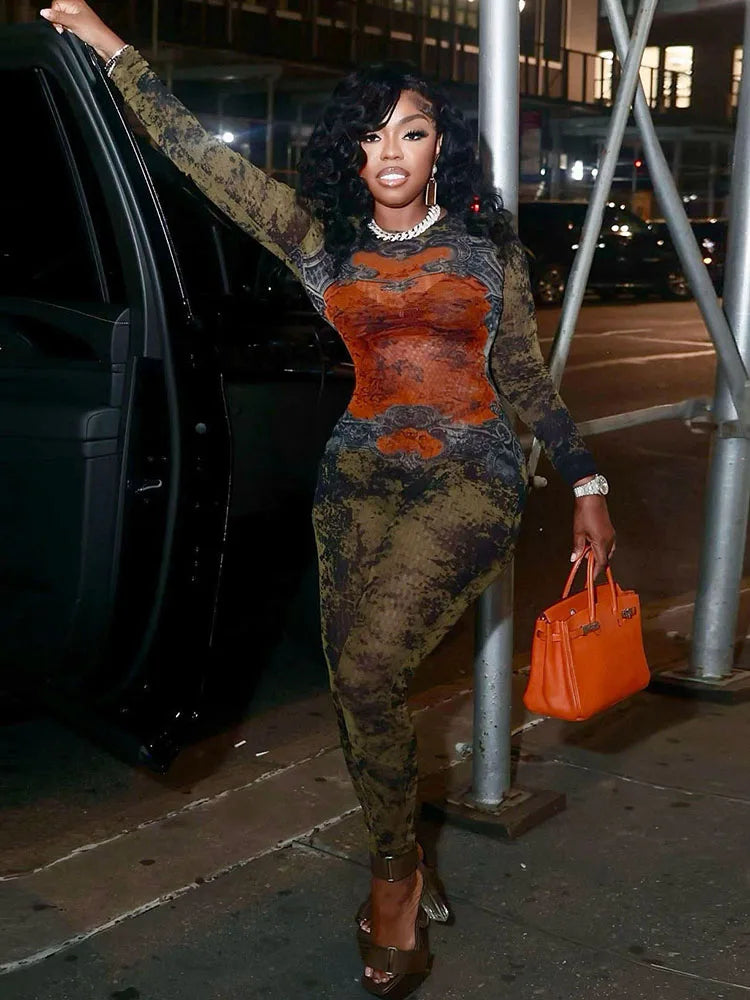 Tie Dye Jumpsuit With O Neck Zip Front Slim Streetwear Overalls