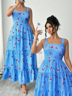 Sweet Cherry Print Gingham Tiered Maxi Dress