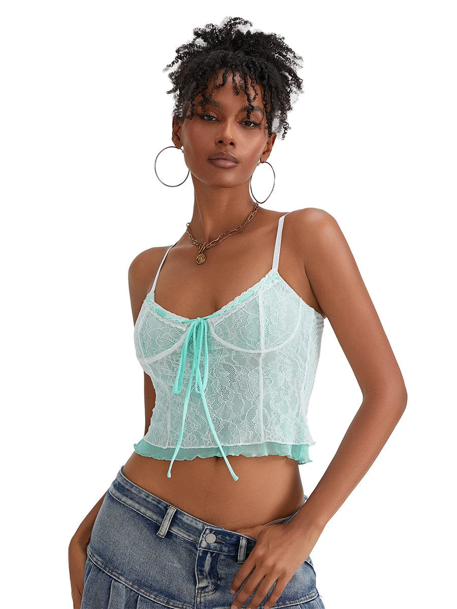 Fairycore Lace Camisole With Spaghetti Straps And Patchwork Detail Top