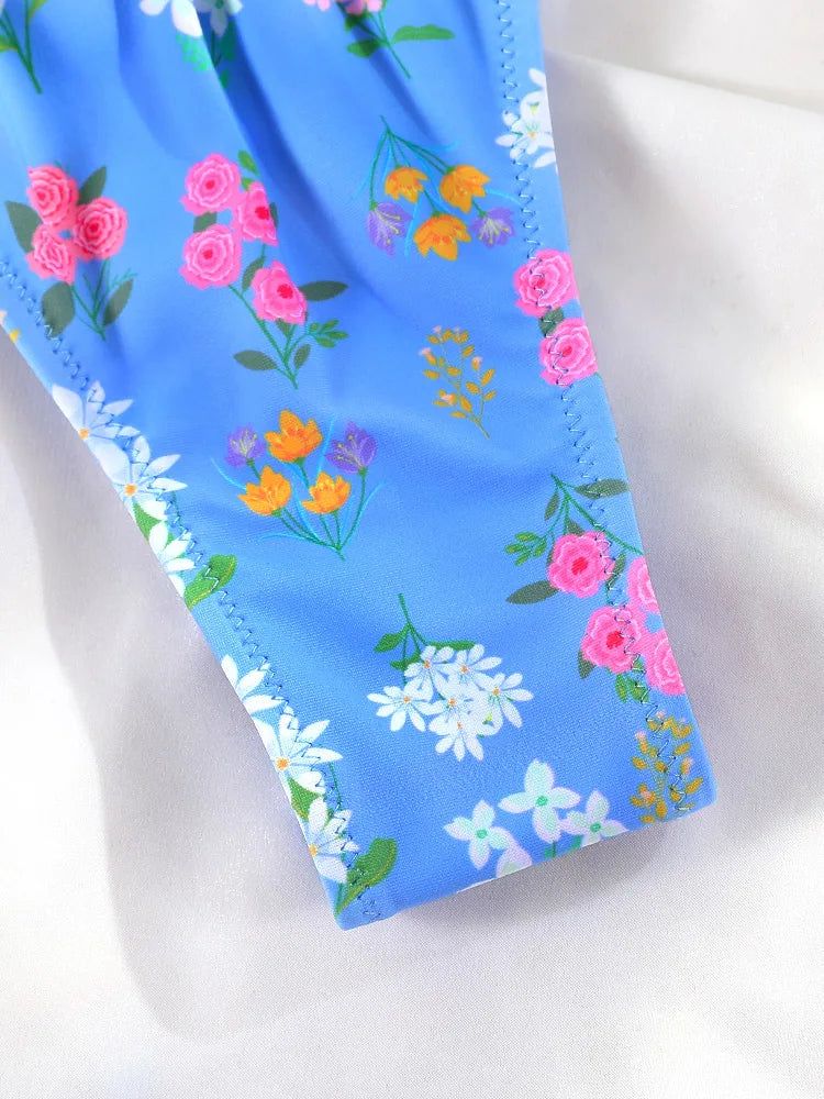 Floral Bow Pink Bikini Swimsuit For Women Low Waist Bandage Beachwear Chic Summer Bathing Suit