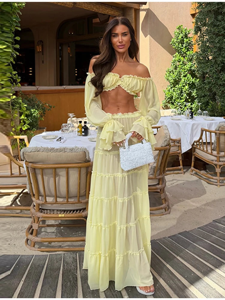 Women Fashion Yellow Off Shoulder Ruffled Two Piece Set Long Sleeve Crop Top Tiered Maxi Skirt