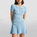 Polo Neck Knit Dress With Elastic Slim Fit And Multi Pocket Wrapped Hip Skirt