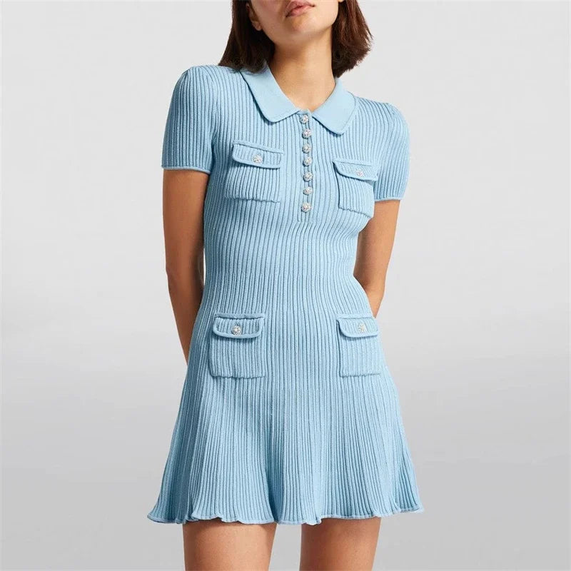 Polo Neck Knit Dress With Elastic Slim Fit And Multi Pocket Wrapped Hip Skirt