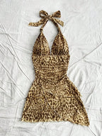 Leopard Halter Neck Mini Dress With Tie Up Front And Ruffle Hem