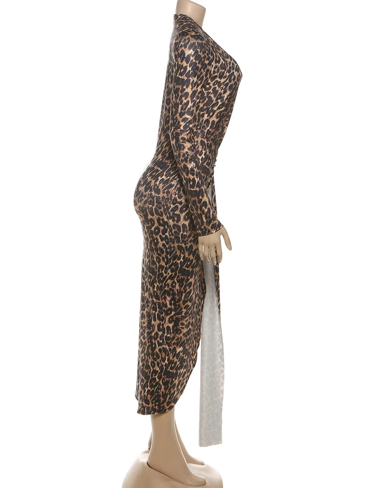 Leopard Print Ruched Deep V Neck Dress With Ribbon Tie And High Split