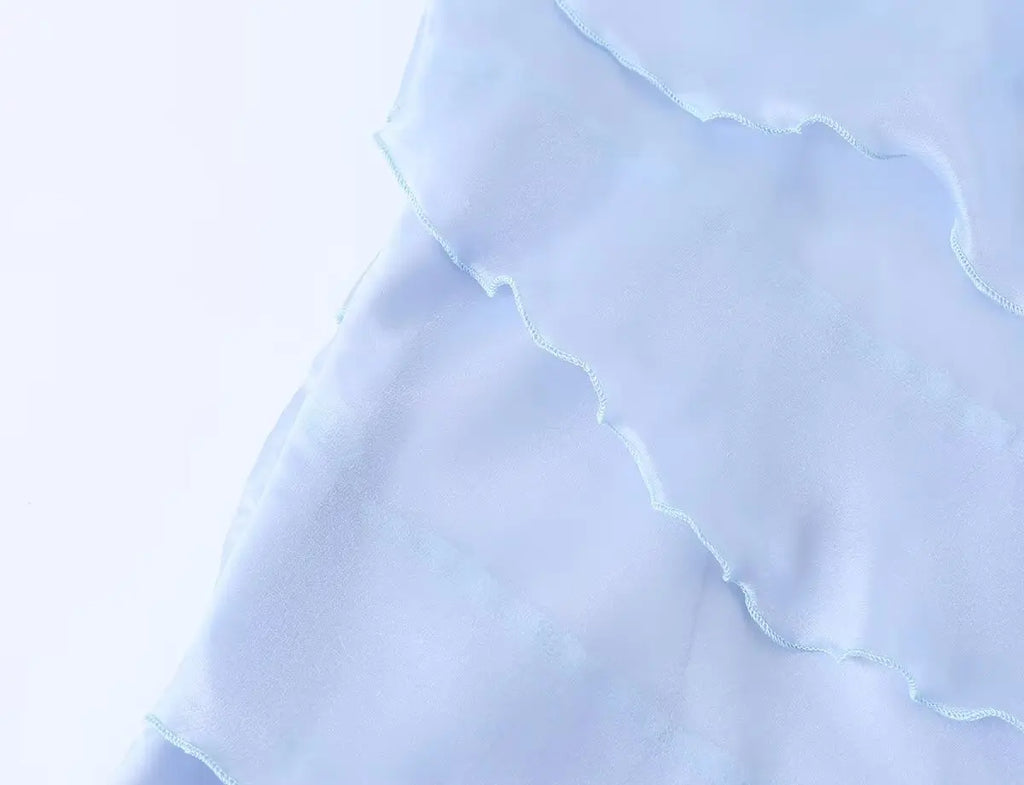 Dreamy Light Blue Halter Backless Mini Dress With Tiered Ruffle Accents