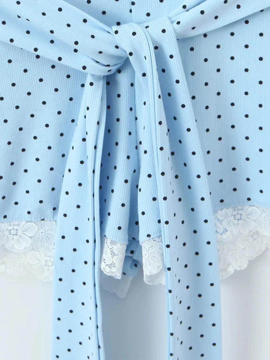 Dreamy Blue Polka Dot Puff Sleeve With Cutout Lace Trim