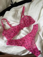 French Ultra Thin Lace Floral Lingerie Set With Plunge Mesh Bra And Matching Thong