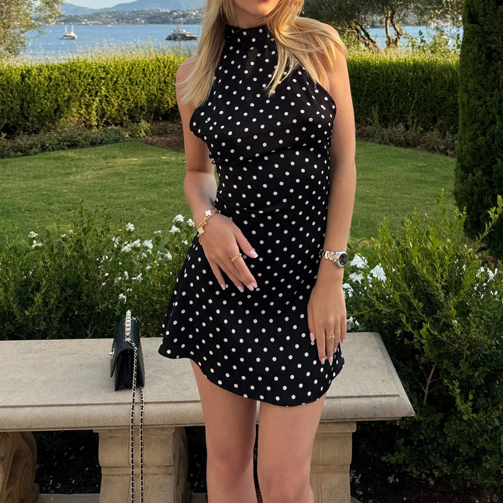 Polka Dot Halter Dress For Women Backless Mini