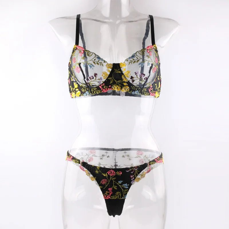 Countryside Embroidered Lingerie Set With Floral Patchwork Bra And Panty Details