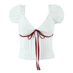 White Bow Detail Puff Sleeve V Neck Top With Vintage Charm And Flirty Slim Silhouette