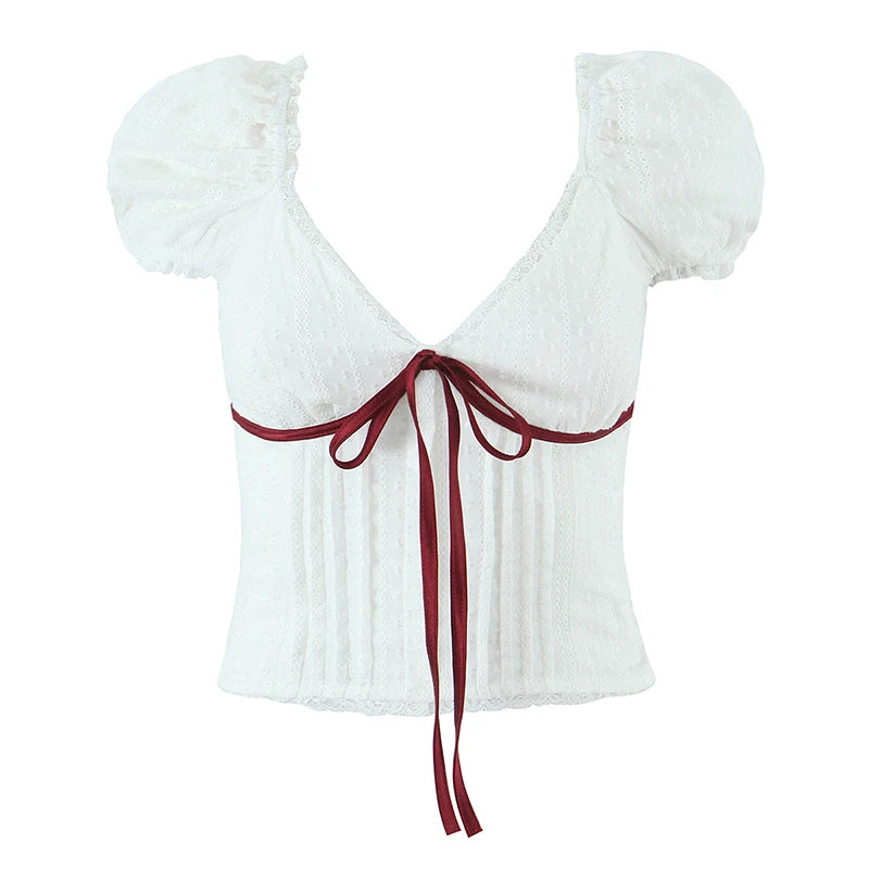 White Bow Detail Puff Sleeve V Neck Top With Vintage Charm And Flirty Slim Silhouette