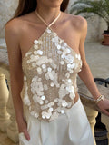 Backless Glitter Halter Tank Top With Sequin Design