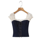Women's Navy Blue Bustier Blouse With White Patchwork Lace-Up Front