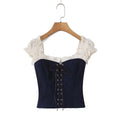 Women's Navy Blue Bustier Blouse With White Patchwork Lace-Up Front