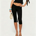 Women Solid Color Wrap Waist Tie Knot Capri Pants High Waist Fitted Cropped Leggings with Ruched Front