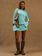 A Line Knit Mini Dress With Slash Neck And Bell Sleeves