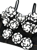Handmade Beaded Flower Embellishment Denim Corset Vest Top
