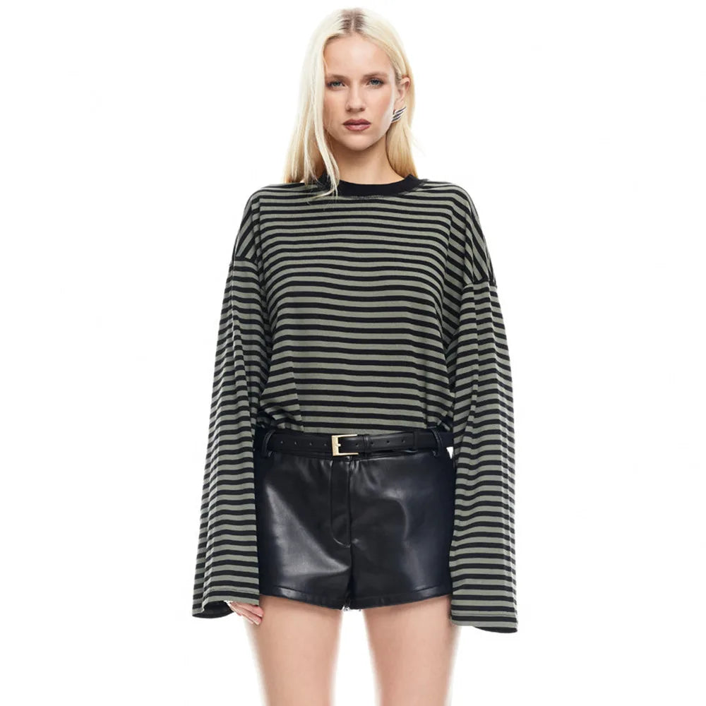 Stripe Patchwork Long Sleeve Tee for Casual Streetwear and Everyday