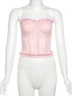 See Through Patchwork Strapless Top With Fishbone Detail Backless Fashion