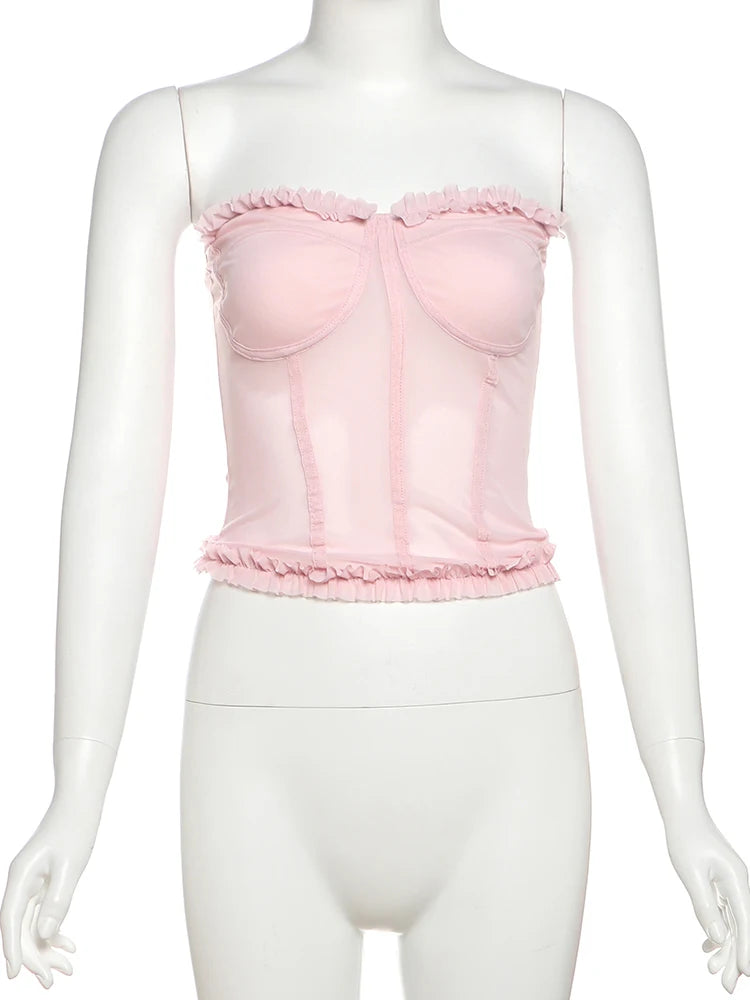 See Through Patchwork Strapless Top With Fishbone Detail Backless Fashion