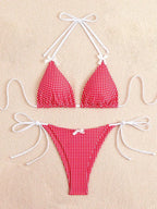 Plaid Dot Swimsuit With Neck Bow Tie Vintage Beachwear