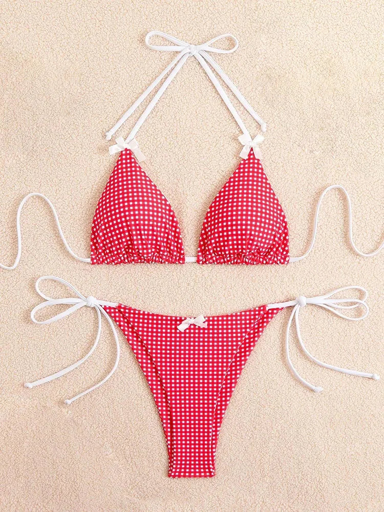Plaid Dot Swimsuit With Neck Bow Tie Vintage Beachwear