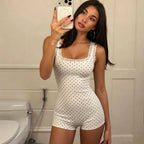 Summer Jumpsuit Polka Dot Lace Patchwork Square Neck Sleeveless