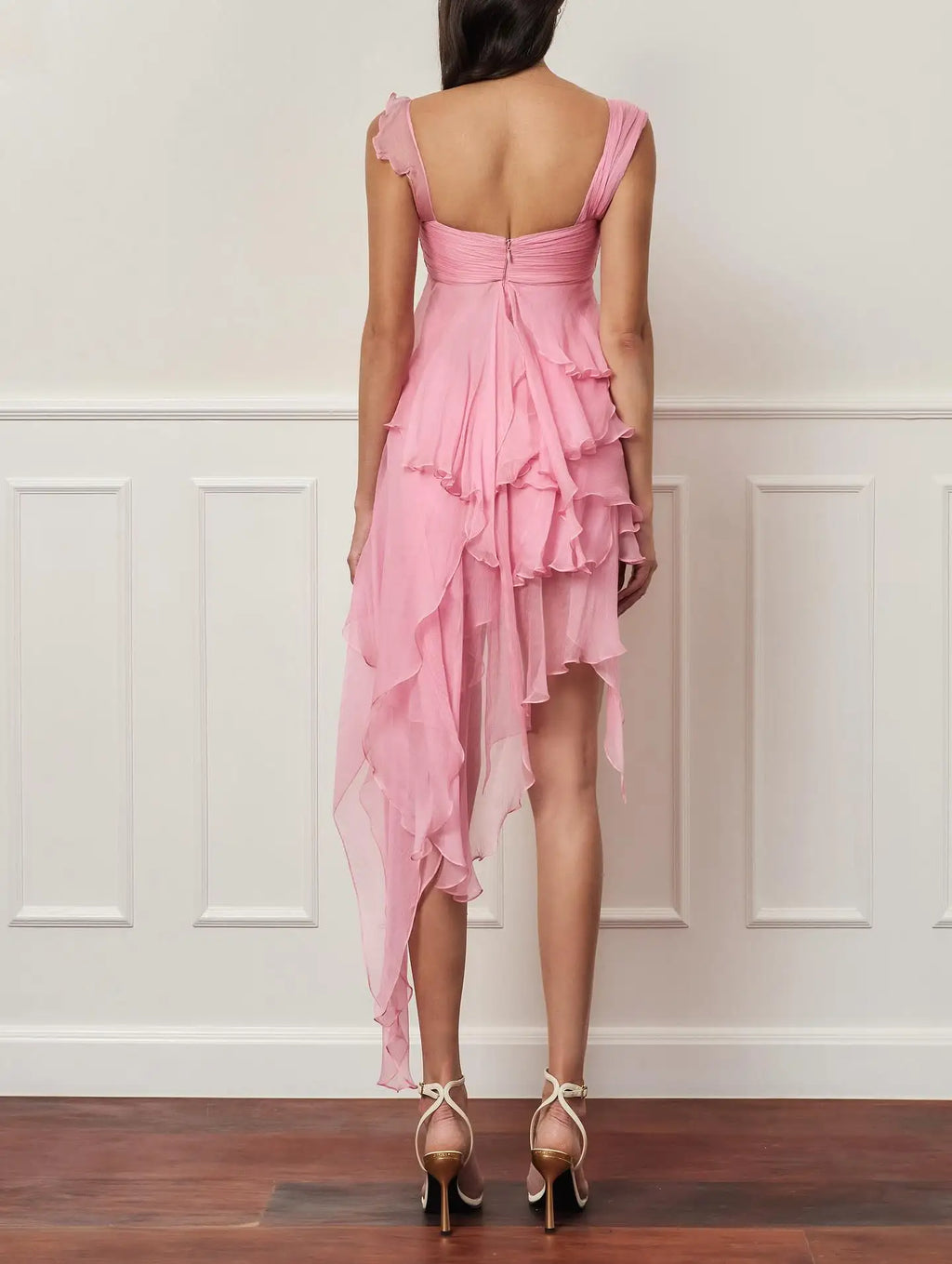 New Pink Asymmetrical Ruffle Chiffon  Romantic High‑Low Mesh Tiered Evening A‑Line Mini Gowns