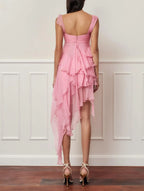 New Pink Asymmetrical Ruffle Chiffon  Romantic High‑Low Mesh Tiered Evening A‑Line Mini Gowns