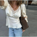 Lace Splicing Female Chic Bow Lace-up V Neck Short Sleeve Shirt